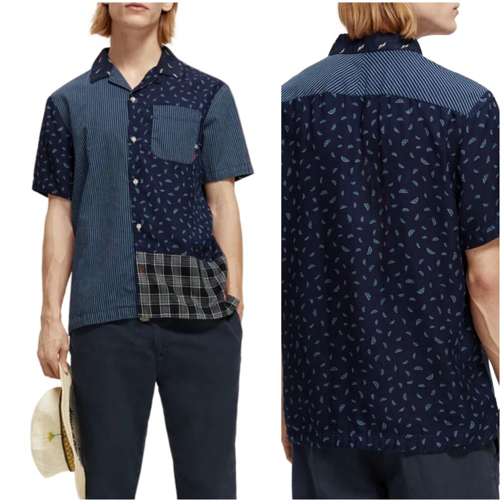 Scotch & Soda Patchwork Camp Short Sleeve Shirt indigo allover Medium